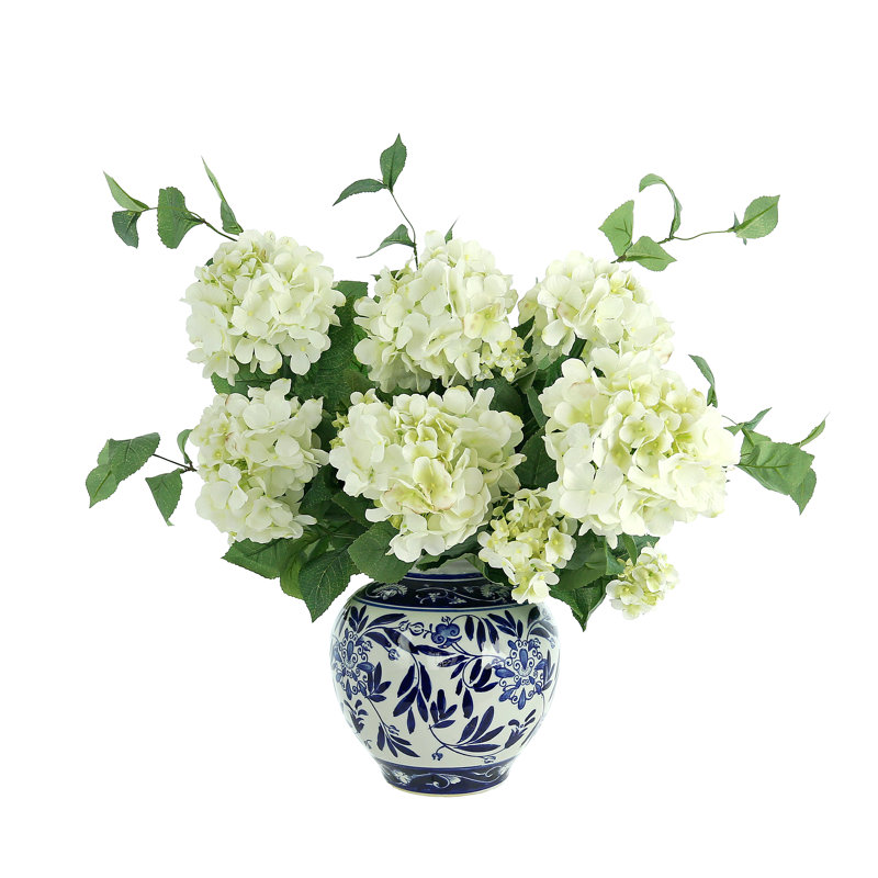 Hydrangea Floral Arrangement In A Decorative Ceramic Vase, White, 24" H x 21" W x 21" D