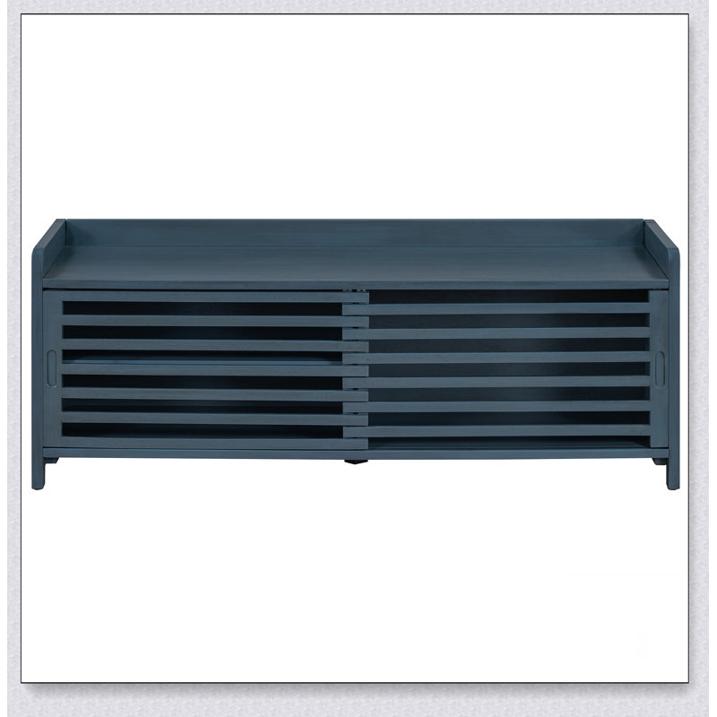Distressed Shutter Storage Bench with Acacia Veneer for Retro Charm for Living Room, Entryway (Navy)