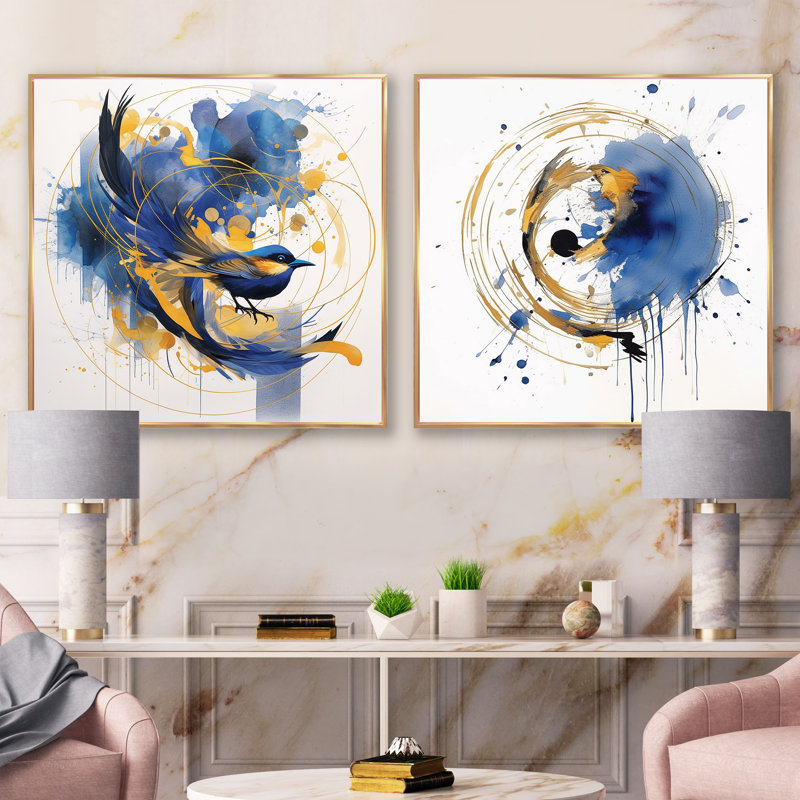 «Teal and Gold Elegance I», 2 pièces, Cadre flottant doré, H 36 po x l 73 po