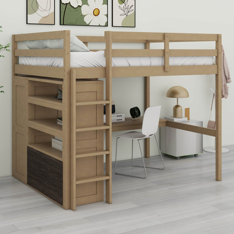 Lit mezzanine double avec garde-robe intégrée, bureau, tablettes et tiroirs de rangement, structure de lit mezzanine en bois massif