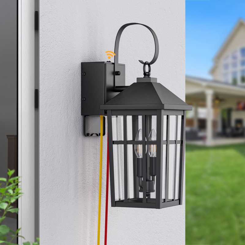 Abner 20''H Black Iron Clear Tempered Glass Outdoor Wall Light with Dusk to Dawn and Built-In GFCI Outlet , Matte Black