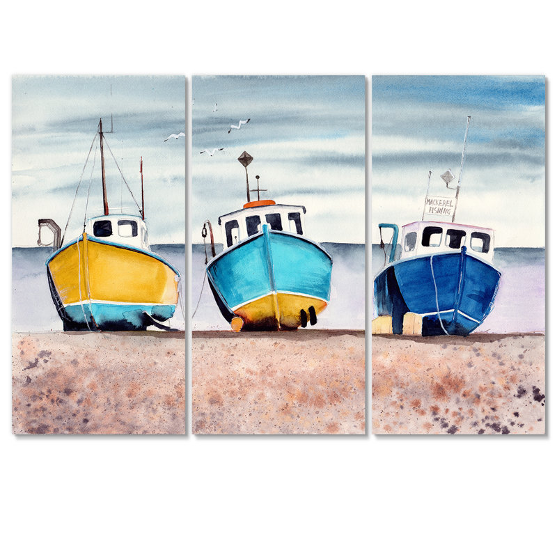 Nautique trois bateaux de pêche colorés Sandy Seashore, art mural - Bateaux de pêche, H 32 po x l 48 po x P 1 po