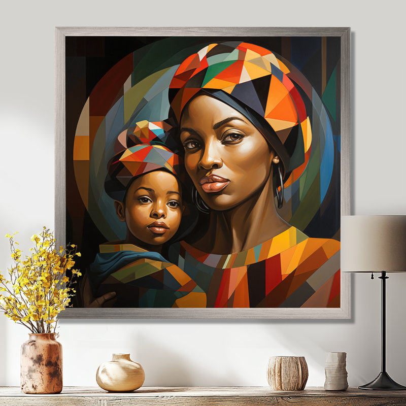 Orange orange, mère et enfant «Bond I» - Art mural africain, Cadre simple argenté, H 16 po x l 16 po x P 1 po