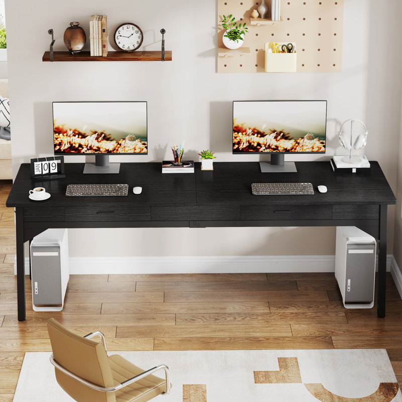 Black Engineered Wood Double Desk with Drawers