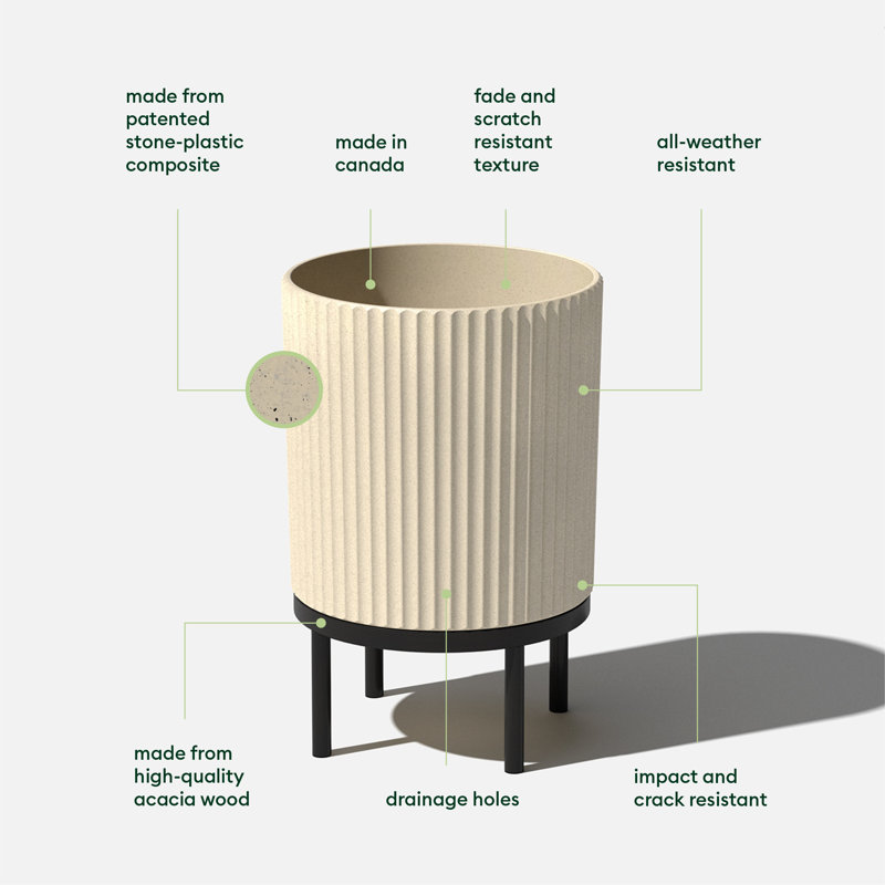 Sandstone and Black 16" Concrete-Composite Planter Set with Acacia Wood Stand