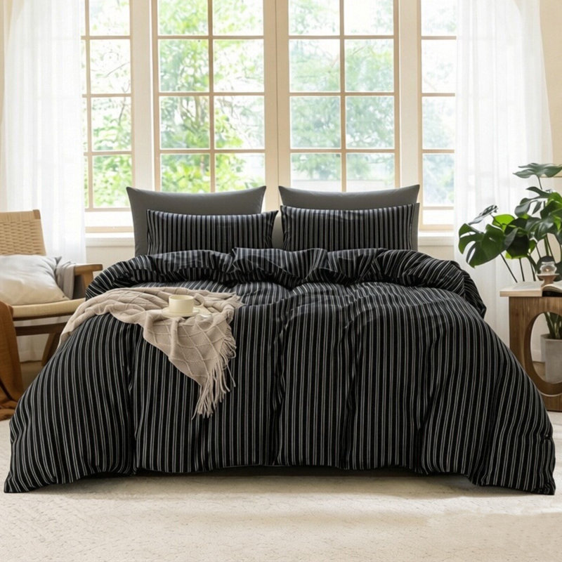 Ensemble de housse de couette à rayures XINMIANFANG, Très grand lit, Double rayure - noir / blanc