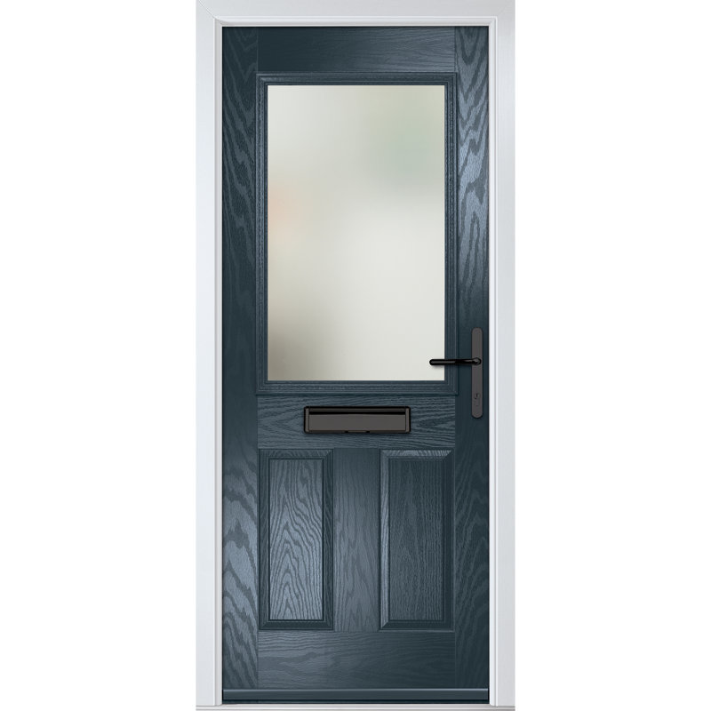 Crystal GRP Front door Lytham Black 920mm x 2090mm Open in Left hand Stipolytte Glass, Left, 89mm x 209mm, Anthracite Grey
