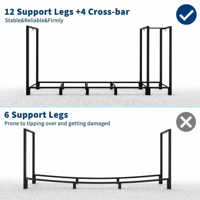 Râtelier à bûches robuste de 2,4 m avec rangement pour petit bois | Support à bois en métal pour l'intérieur et l'extérieur