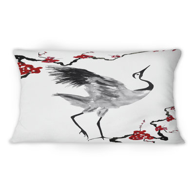 Oiseau grue japonais avec fleurs de prune stylisées - coussin décoratif traditionnel