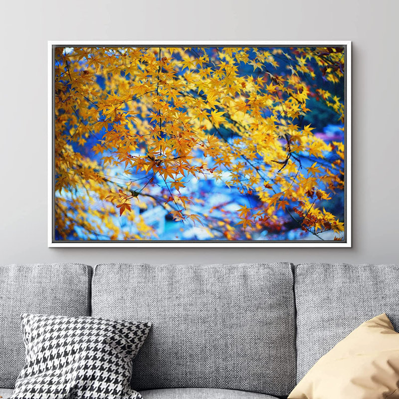 Feuille d'automne jaune à contraste élevé - Nature sauvage - photographie, H 24 po x l 36 po x P 1,5 po, Cadre blanc