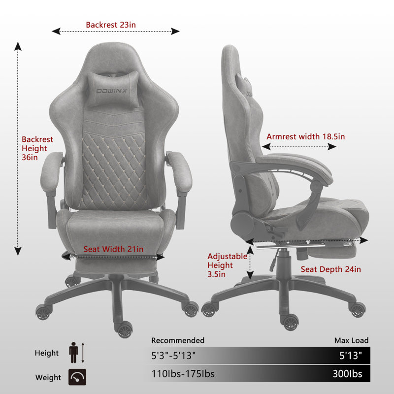 Dowinx Adjustable Ergonomic Swiveling PC & Racing Game Chair with Footrest, Grey