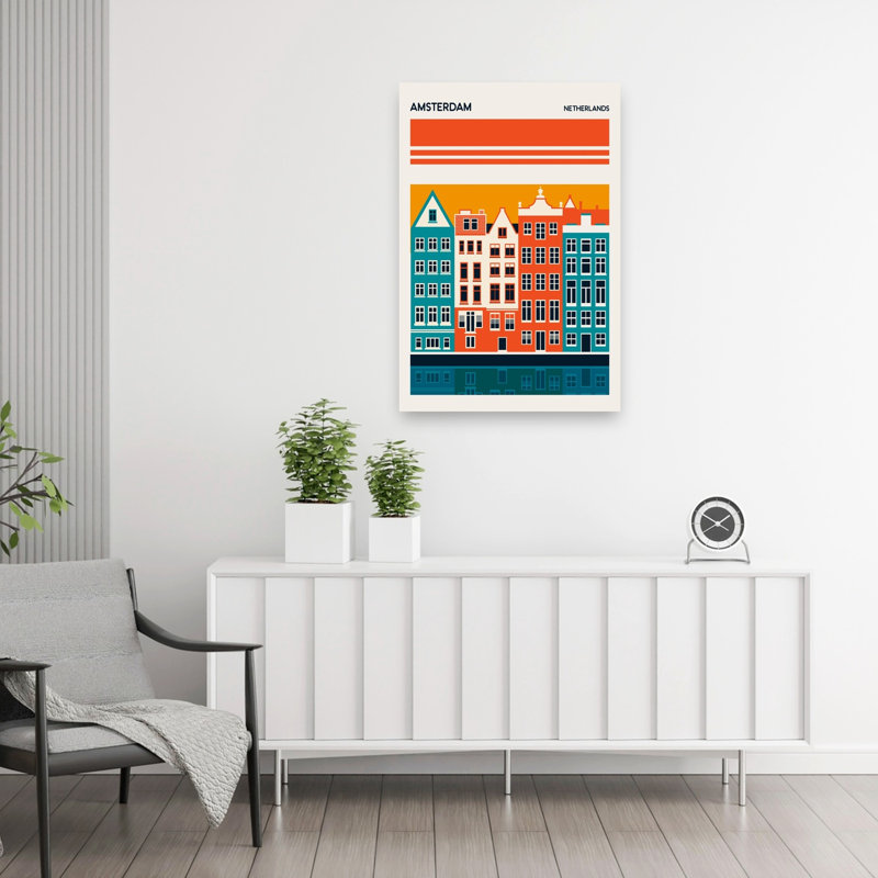 «Amsterdam Canal House», impression abstraite rétro de l'architecture murale de la ville, 36" H x 24" W