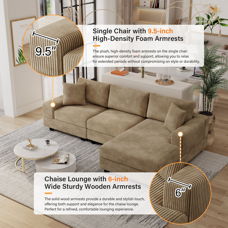 Alcala L Shaped Corduroy Couch Reversible Chaise Upholstered Modular Sectional Sofa, Brown Corduroy, 33" H x 103" W x 35" D