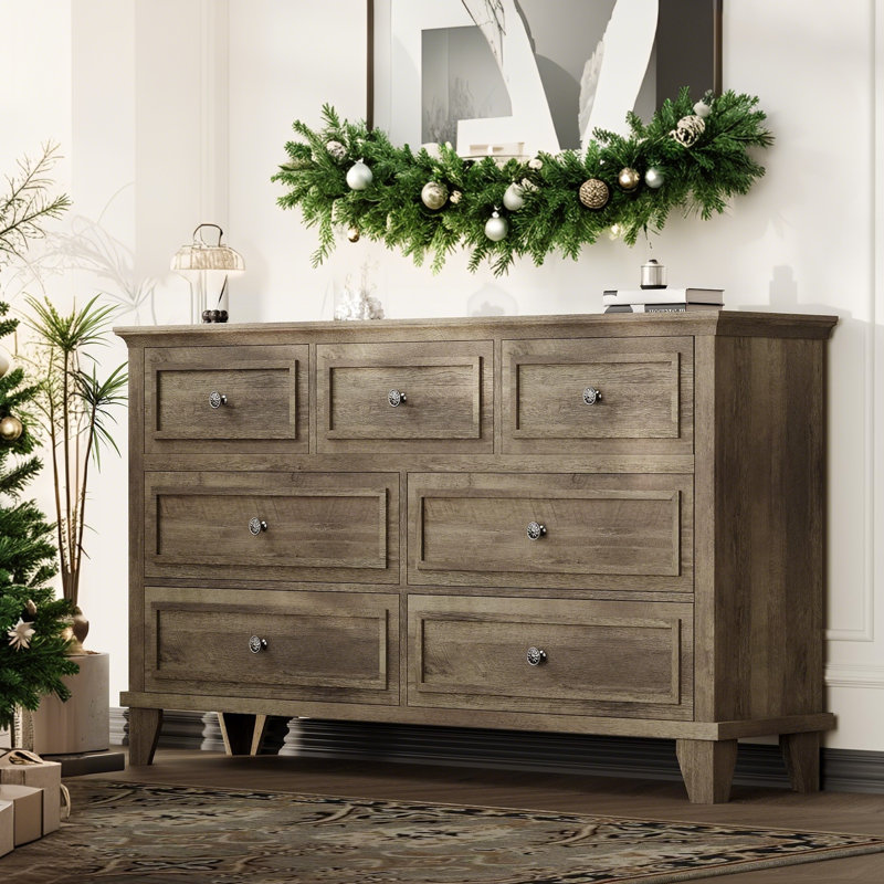 7 Drawer Dresser, Wooden Chest of Drawers with Deep Drawers, 47 in Long Dressers TV Stand, Gray