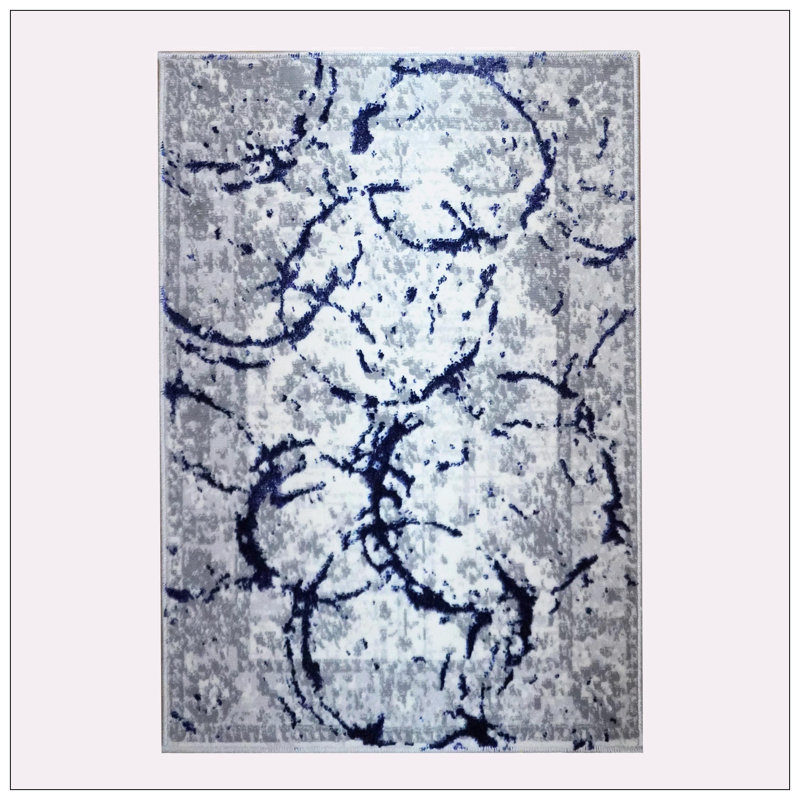 Tapis gris à motif abstrait avec cercles bleu marine Penina, Rectangulaire 2 pi x 3 pi