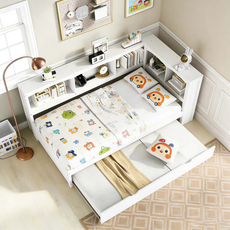 Lit de jour simple avec couchette, armoires de rangement et ports USB, Blanc
