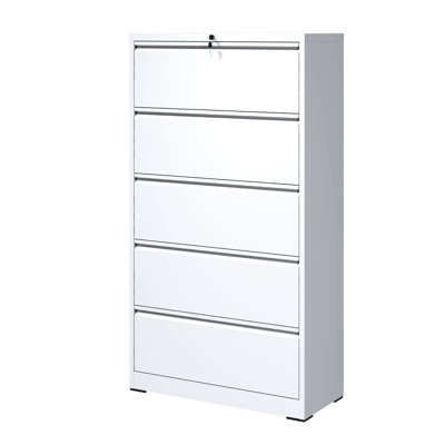 Lockable Metal Lateral File Cabinet, 5 Drawer White Filing Cabinet For Office Files Locking