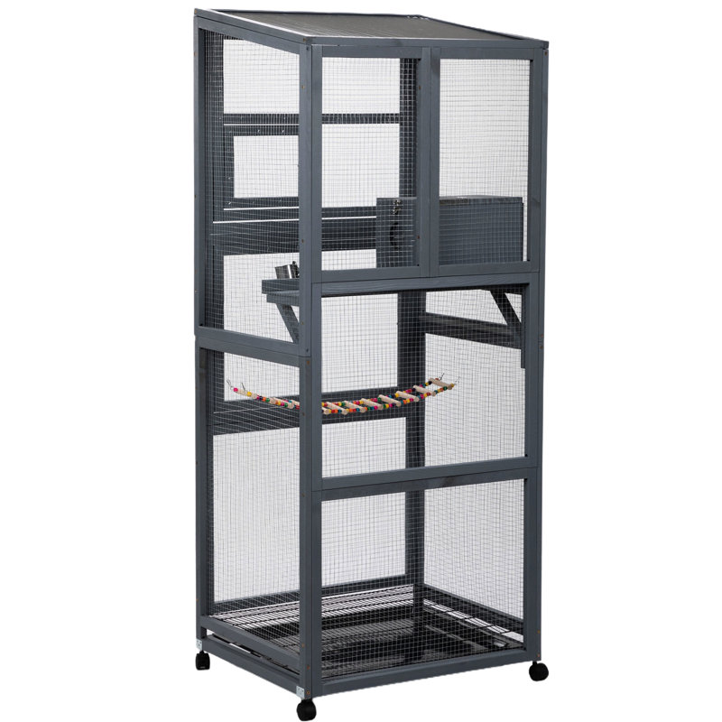 Cage à oiseaux en bois avec roues universelles - Gris, oiseaux et bien-être
