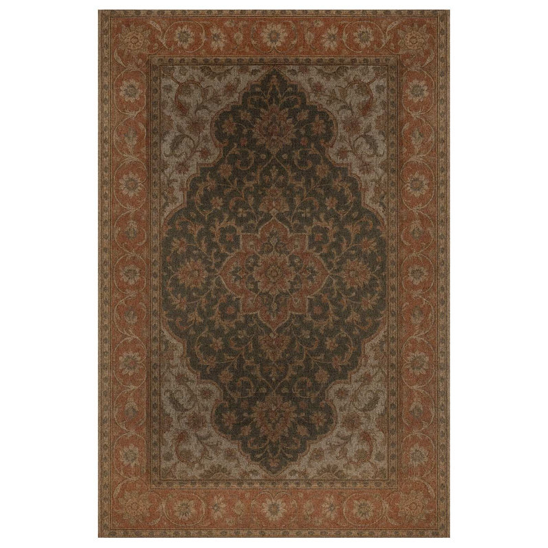 Malika Collection Digital Print Cotton-Polyester Brown Green Oriental Rug, Round 3'4"