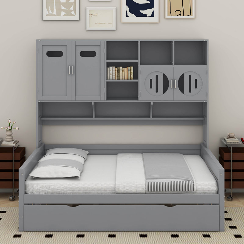 Lit de jour double en bois avec lit gigogne et armoire