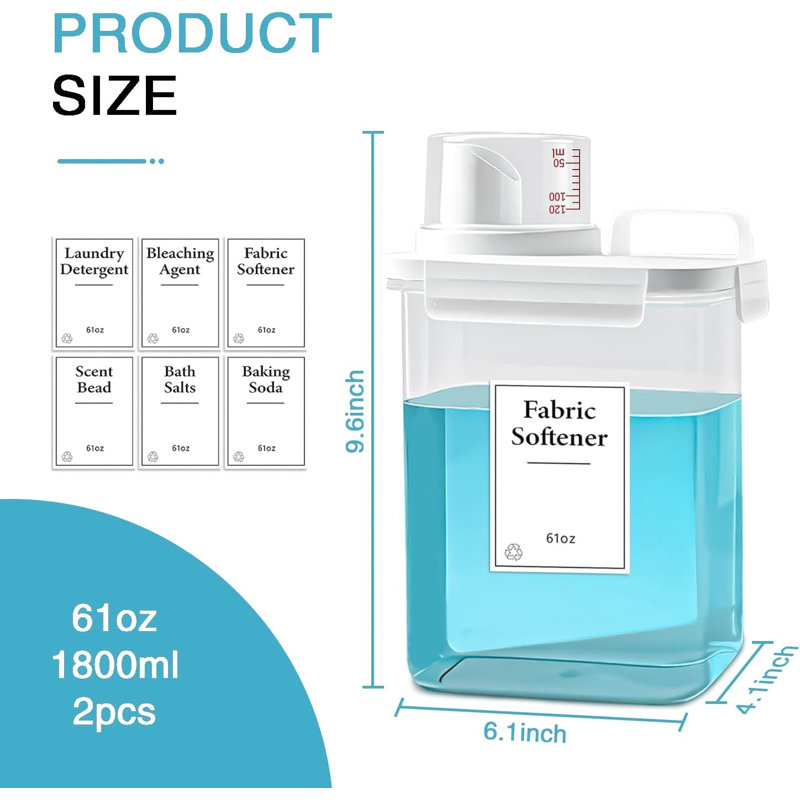 2‑Pack 61oz Refillable Plastic Laundry Detergent Dispenser, Laundry Room Storage Container with 6 Labels