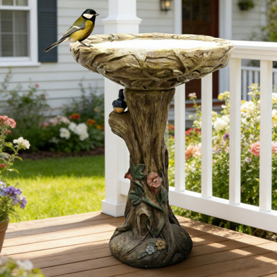 25.5 Inch Heigh Wood Look Concrete Bird Bath with Exquisite Carvings Flowers，Concrete Modern & Novel Design, Outdoor Birdbath for Garden, Patio, Yard, Lawn Décor