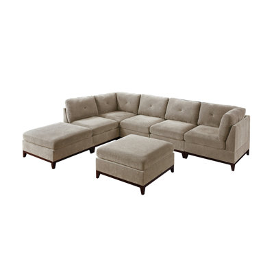 Chenille Fabric Modular Sectional 7pc Set Living Room Furniture U-Sectional Couch 2x Corner Wedge 3x Armless Chairs and 2x Ottomans Tufted Back