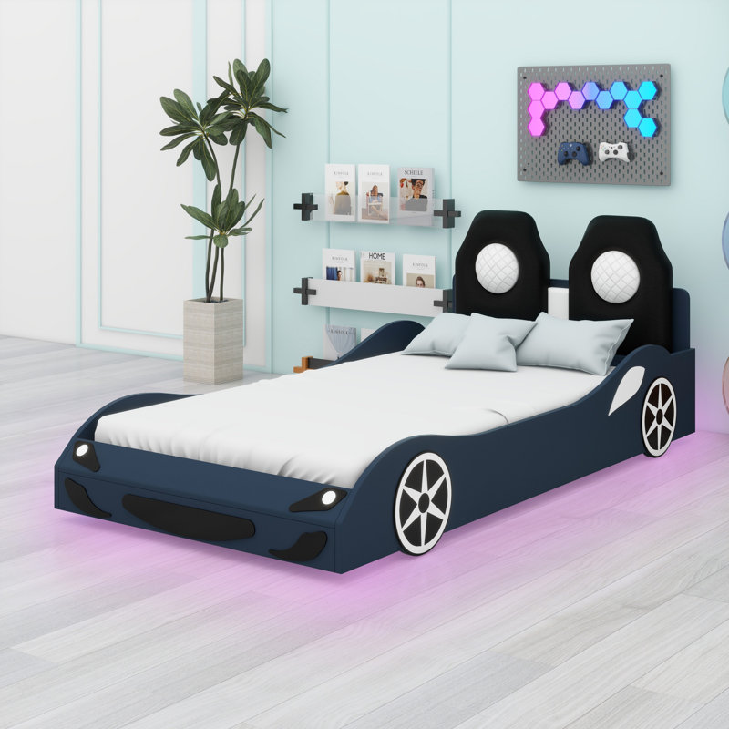 Lit plateforme en bois en forme de voiture avec dossier rembourré à DEL, Bleu