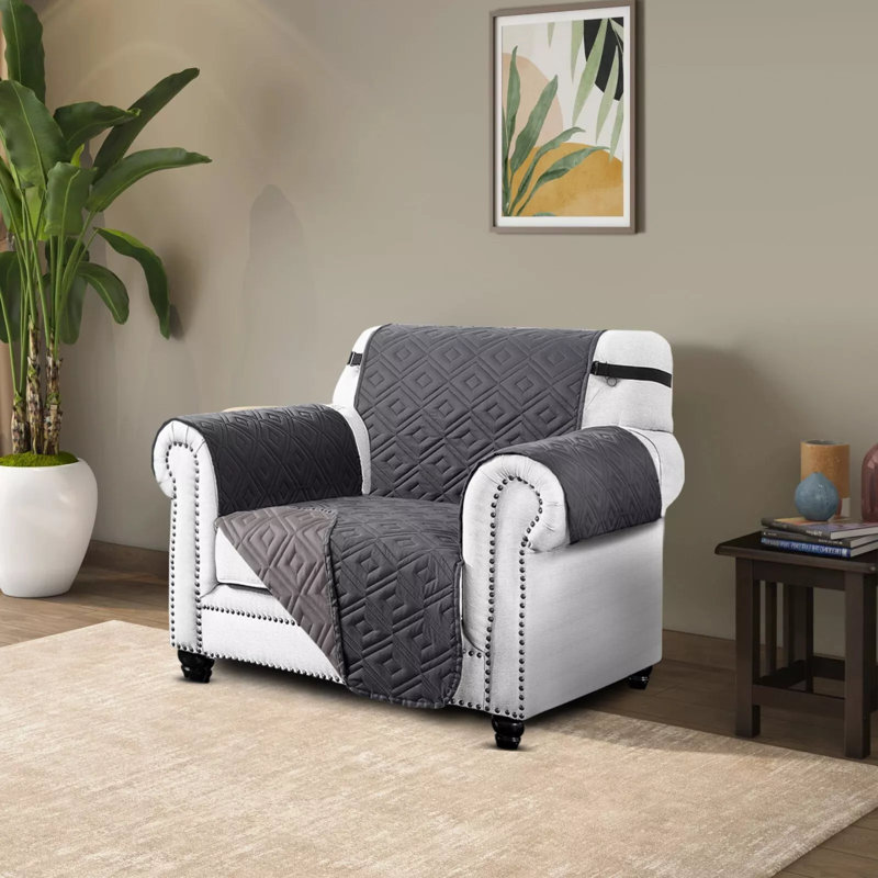 Reversible Waterproof Sofa Cover – Quilted Anti-Slip Couch Protector with Adjustable Strap, Light Grey/Dark Grey