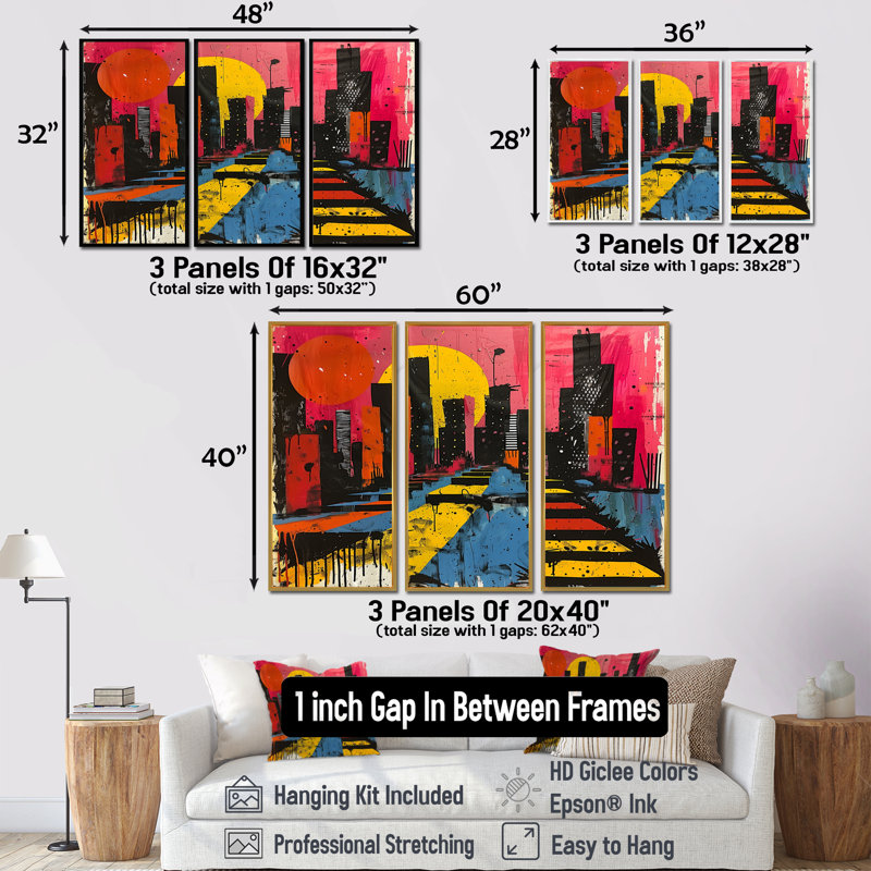 Orange orange paysage urbain Pop Art II - ensemble de reproductions d'art gratte-ciel, Toile avec cadre flottant or