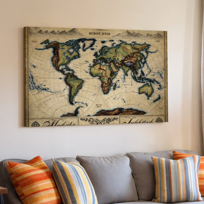 Toile, une carte du monde détaillée de style rétro mettant en vedette les Continents et les océans, art mural aux riches tons terreux