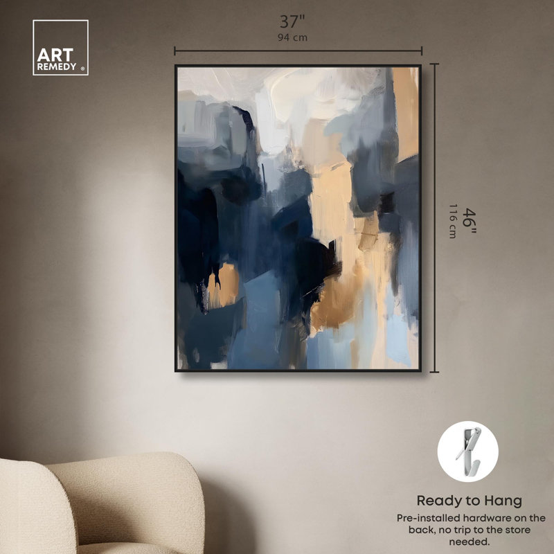 Navy Beige II Canvas Blue Abstracts by Art Remedy, 46" H x 37" W, Black Floater Framed