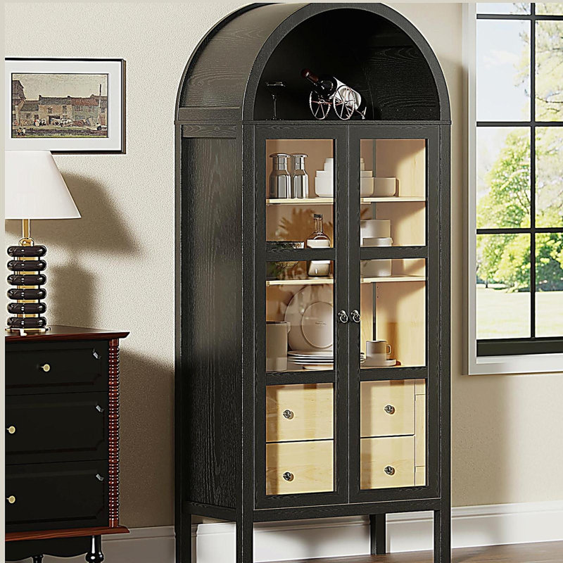 Bibliothèque de 72 po de hauteur avec portes en verre, armoire de cuisine autoportante arquée Farmhouse avec tablettes réglables, bibliothèque moderne avec tiroirs