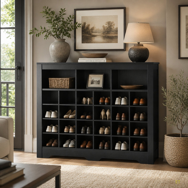 Console élégante à 24 casiers, armoire à chaussures moderne avec base incurvée, buffet polyvalent de haute qualité pour le couloir, la chambre à coucher et le salon