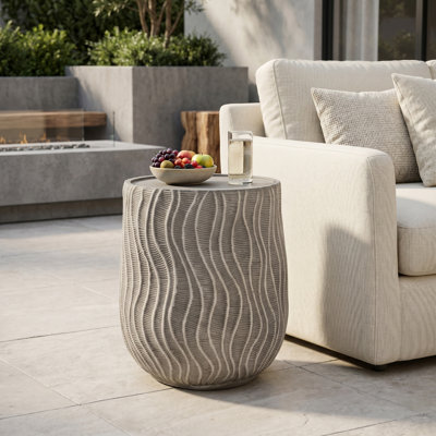 Ledbury Organic Modern MGO Concrete Outdoor Side Table with Wavy Textured Drum Design for Patio, Garden, Living Room & Backyard