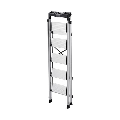 5 Step Ladder, Folding Step Stool with Wide Anti-Slip Pedal and Comfort Handgrip, 330 lbs Capacity Portable Aluminum Stepladder, Multi-Use for Kitchen, Warehouse, Household and Office, Silver