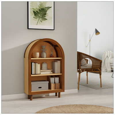 Arched Small Bookcase, Arched Storage Cabinet, Walnut Wooden Modern Arched Top Bookshelf with 3 Shelves,  with Glaze Finish for Living Room, Bedroom, Entryway
