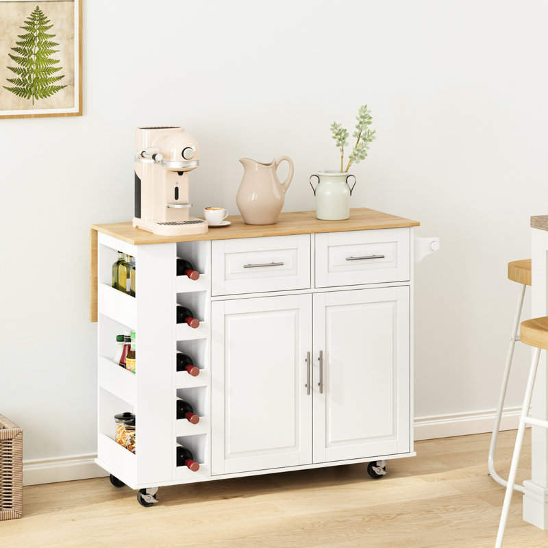 Chariot de cuisine multifonctionnel - armoire à 2 portes, tiroirs, étagère à épices utile, porte-serviette, plateau en bois d'hévéa pliable