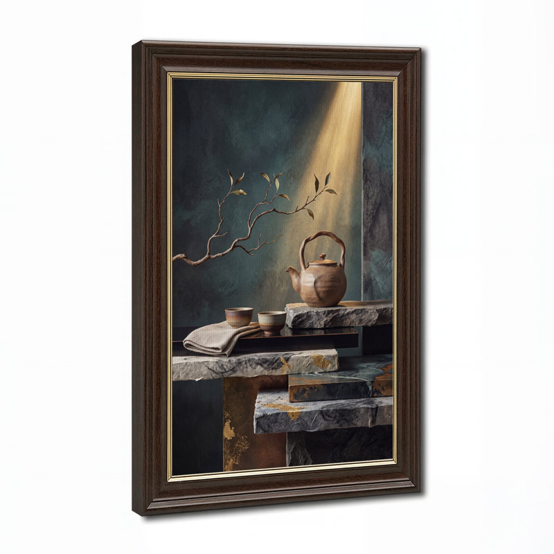 Art mural sur toile brune avec théière et branche sur pierre, H 18 po x l 12 po