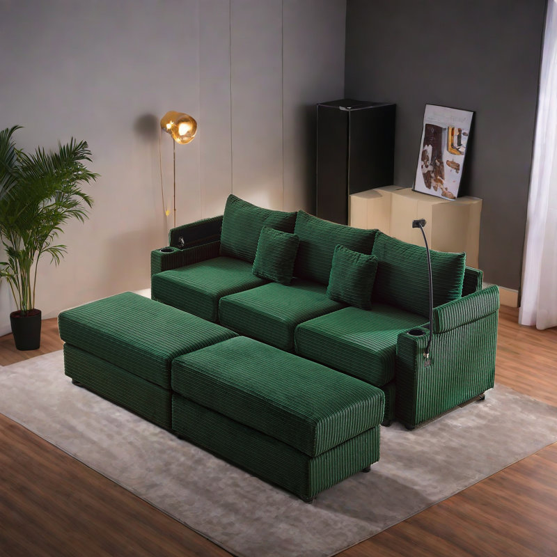 Multifunctional Modular Sofa Sectional With Ottomans, Green Corduroy, 33.7" H x 95.3" W x 35.4" D