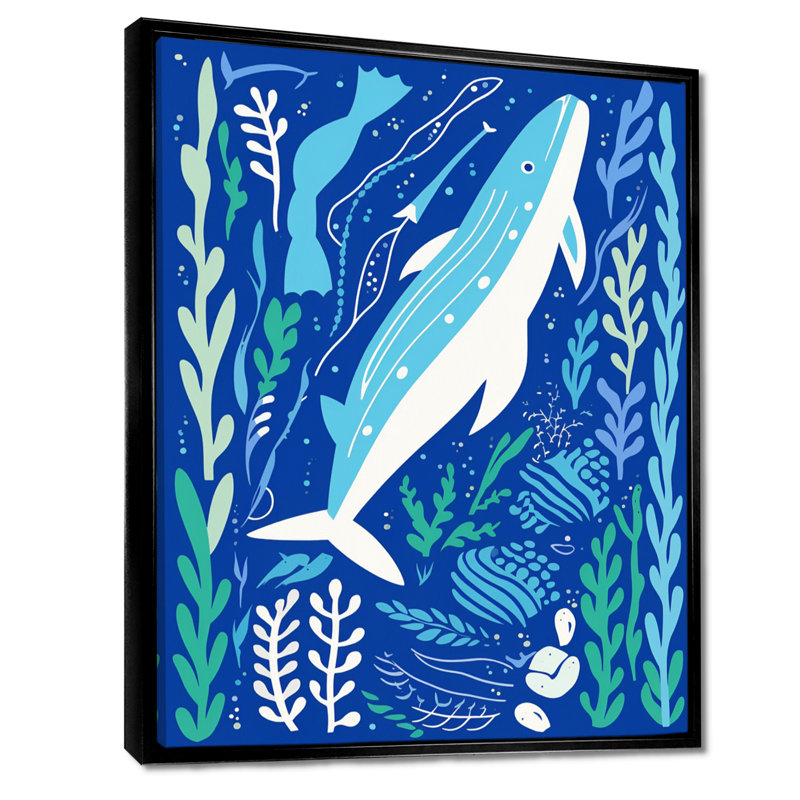 Deep Ocean Whale Retro Illustration - Whale Animal Wall Art Print, 20" H x 12" W, Black Floater Framed, Canvas