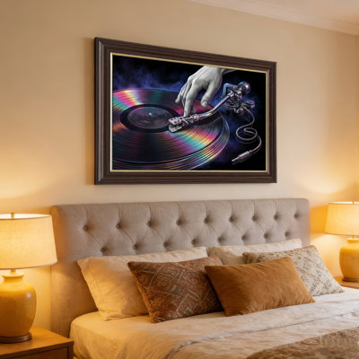 Art mural antique sur toile encadré doré pour le salon, la chambre à coucher, le bureau ou le vestibule - Décoration murale décorative avec tourne-disque en vinyle