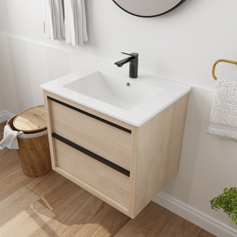 Armoire de salle de bain murale 24 po avec 2 tiroirs à fermeture douce et lavabo en céramique blanche - Design contemporain Bva02524plo-G-Bl9060b (W1286s00034