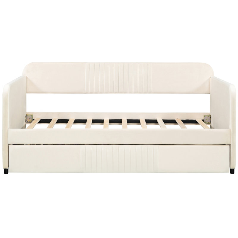 Lit de jour simple rembourré avec lit gigogne, beige, tissu doux, cadre, lit gigogne beige et lattes de bois peu encombrantes, fabrication, aucun sommier requis