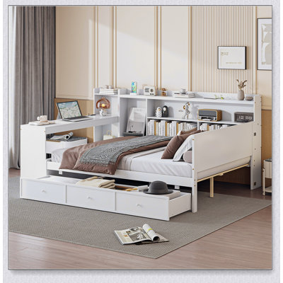 Full Size Wooden Daybed With 3 Drawers, USB Ports And Desk