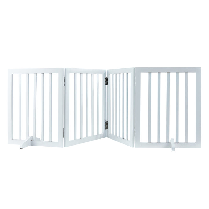 Barrière pliante pour chien autoportante à 4 panneaux, 24 po de hauteur et 80,3 po de largeur, extensible pour les espaces intérieurs, bois massif blanc avec support de pied silencieux, panneaux de barrière larges, escaliers,