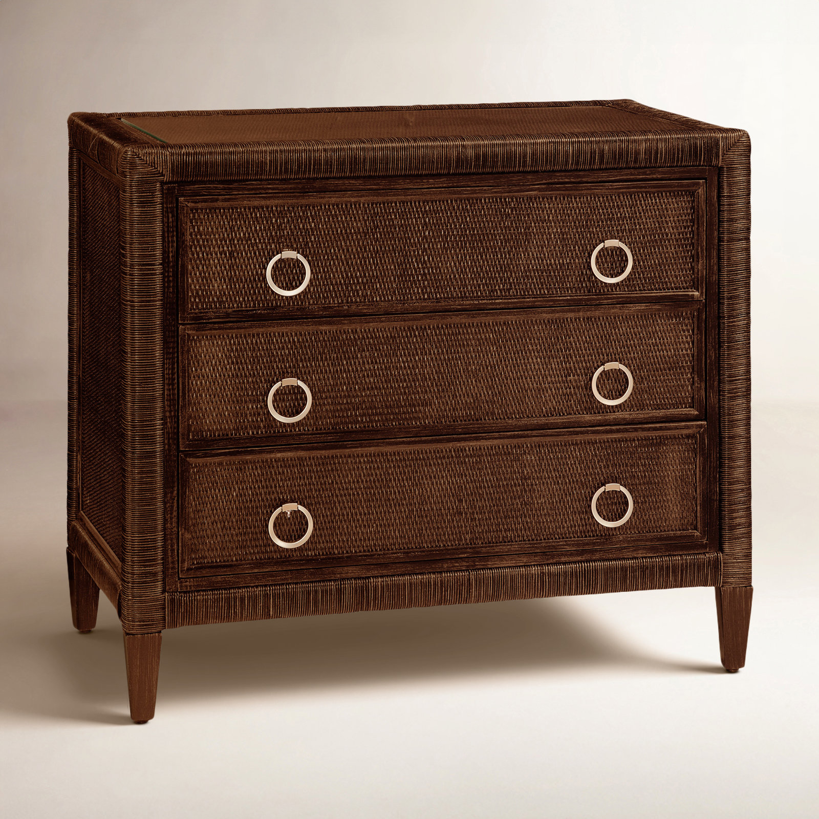 Warwick 3-Drawer Wicker Chest, Coffee, Satin Brass