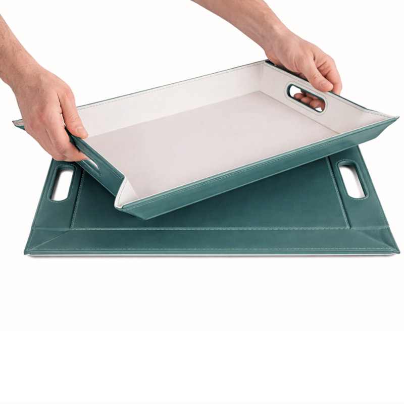 Plateau de service et napperon convertible 2-en-1 Freeform Freeform, similicuir de qualité supérieure - plateau repose-pieds, plateau de canapé et plateau de recouvrement avec poignées, réversible - bleu sarcelle et blanc, 4 pièces