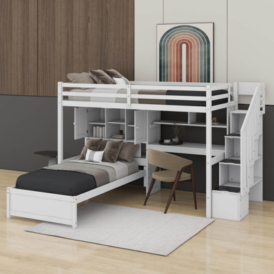 Twin Over Twin Loft Bed With Built-In Desk,Staircase,Storage Compartments And Shelves