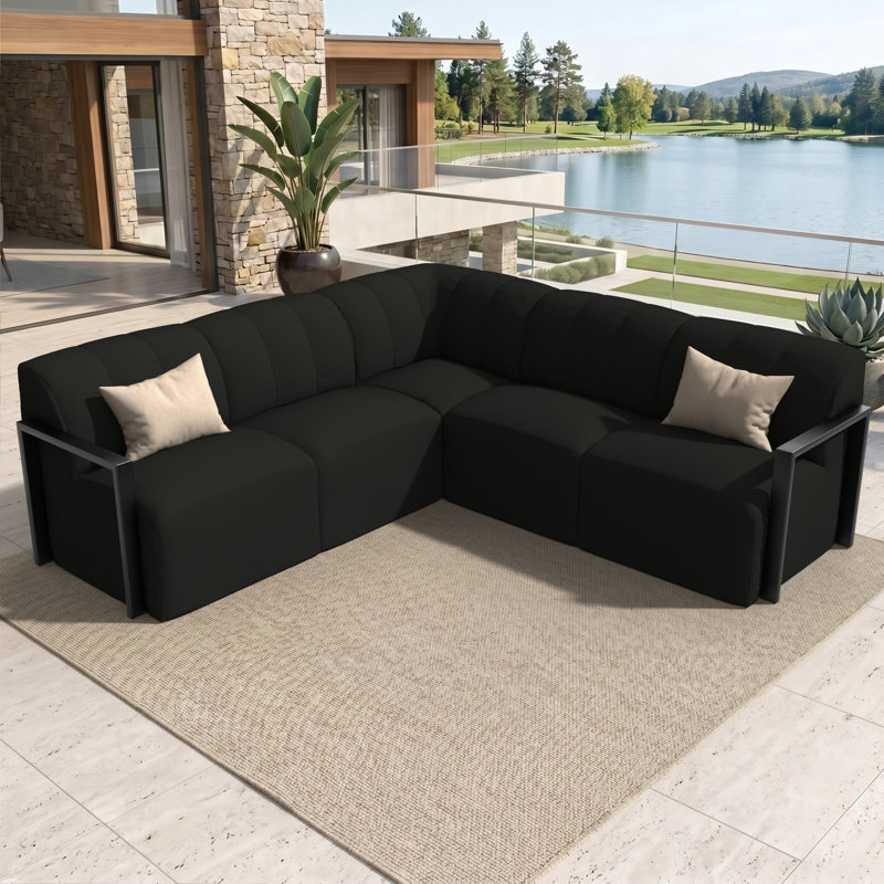 Canapé d'angle moderne en aluminium à structure ouverte, 5 pièces, recouvert de tissu Sunbrella, Sunbrella® toile noire